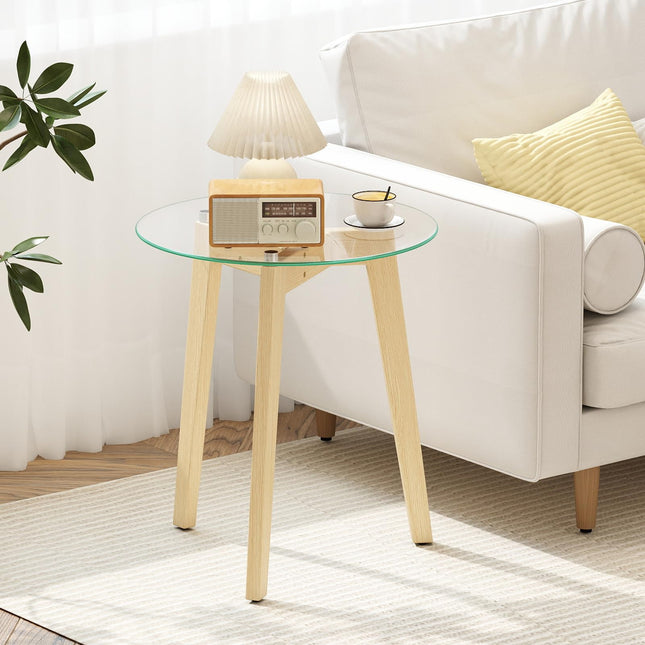 Dreamade Glass Round Side Table w/Tempered Glass Top & Rubber Wood Frame