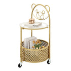 Dreamade Mobile Glass Coffee Table, 2-Tier Round End Table with Bear Pattern, Storage Basket, Metal Frame
