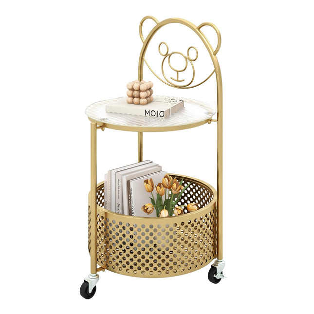 Dreamade Mobile Glass Coffee Table, 2-Tier Round End Table with Bear Pattern, Storage Basket, Metal Frame