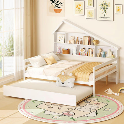 Dreamade Full House Bed with Twin Trundle, Wood Daybed with 5 Cube Storage Bookcase & Headboard