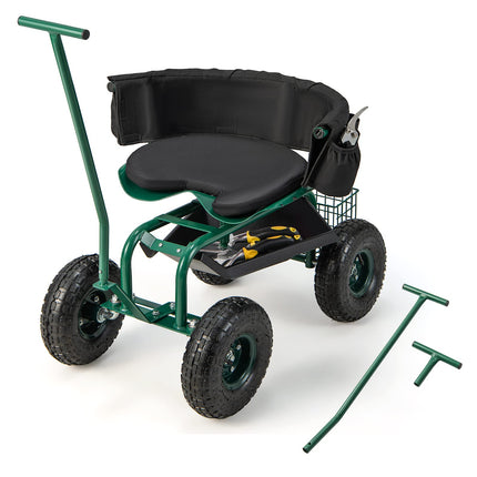 Dreamade Garden Cart, Rolling Workseat with 4 Wheels, Tool Tray, Removable Cushion, Storage Basket
