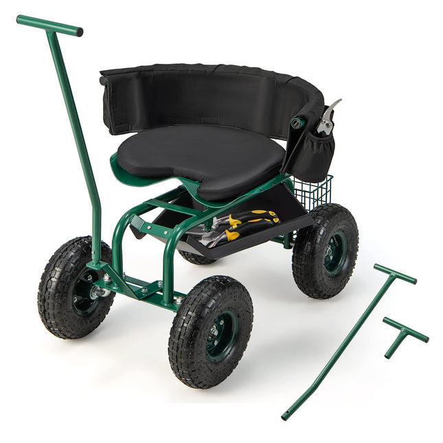 Dreamade Garden Cart, Rolling Workseat with 4 Wheels, Tool Tray, Removable Cushion, Storage Basket