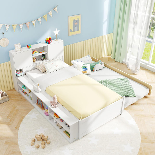 Dreamade White Twin Size Bed Frame with Trundle and Bookcase Headboard