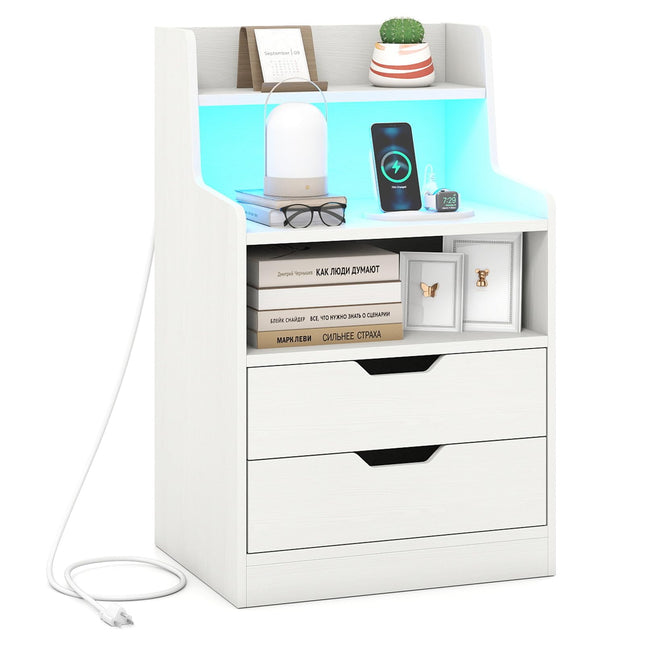 Dreamade Nightstand with LED Light and Charging Station for Living Room Bedroom