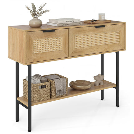 Dreamade Rattan Console Table Boho Entryway Table with 2 Storage Cabinets