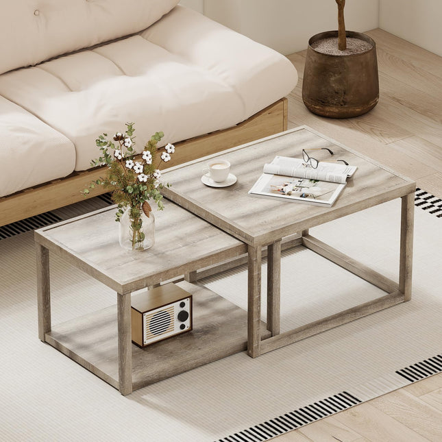Dreamade Nesting Coffee Tables Set of 2 with Storage Shelf Rubber Wood