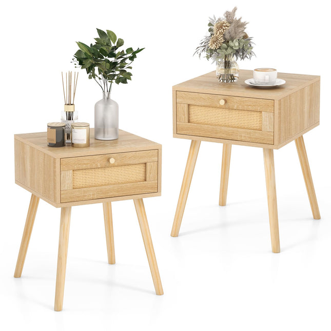 Dreamade Boho Rattan Nightstand Set of 2 - Bedside Table with Hand-Woven Rattan Decoration, Natural