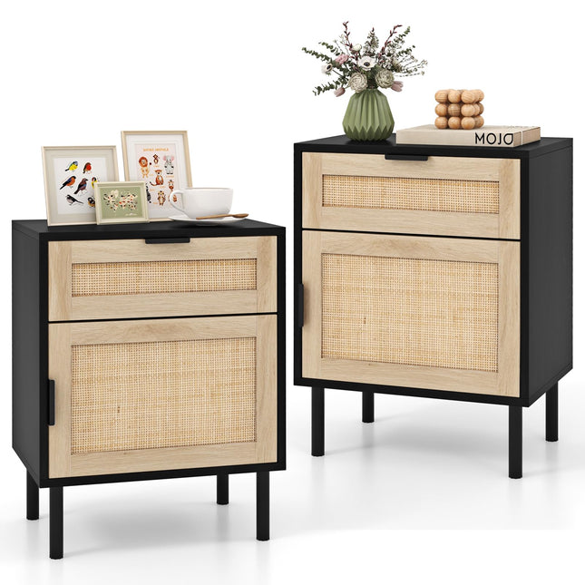 Dreamade Rattan Nightstand Set of 2, Mid Century Modern End Table with Drawer & Cabinet, Sofa Side Table with Sturdy Metal Legs