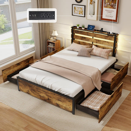 Dreamade Queen/Full/Twin Size Bed Frame with LED Lights Headboard and 4 Storage Drawers