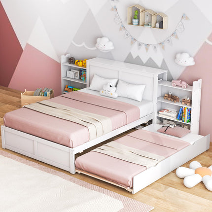 Dreamade Full Bed Frame with Twin Trundle, Wooden Bed Wooden Bed Frame with 2 Rolling Bookcases & High Headboard