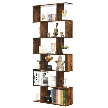 Dreamade Geometric Bookcase Rustic, Solid Wood S-Shaped Bookshelf