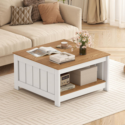 Dreamade 2-Tier Square Center Table for Living Room with Fence Design
