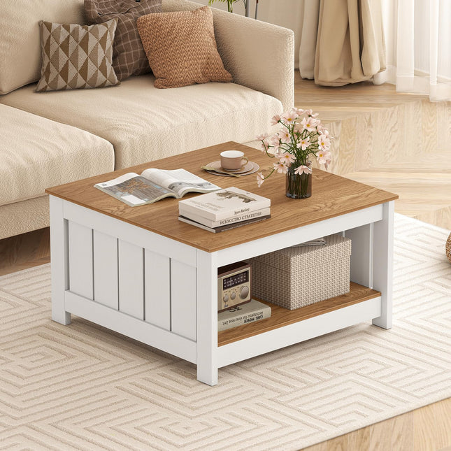 Dreamade 2-Tier Square Center Table for Living Room with Fence Design