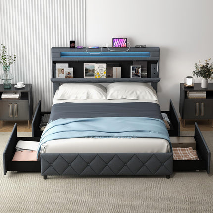 Dreamade Queen/Full Size Bed Frame with Storage Headboard and 4 Drawers, Modern Upholstered Platform Bed with Charging Station