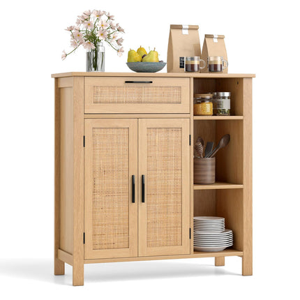 Dreamade Buffet Cabinet with 2 Doors, Drawer 3 Open Cubbies Adjustable Shelf (Natural)