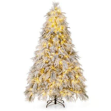 Dreamade 7ft Pre-Lit Snow Flocked Christmas Tree, Artificial Hinged Full Xmas Tree with 743 PVC & Pine Needles