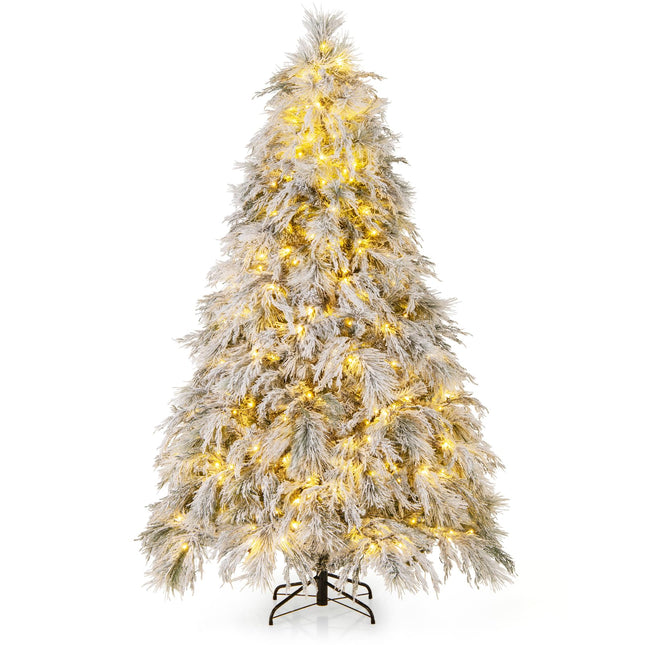 Dreamade 7ft Pre-Lit Snow Flocked Christmas Tree, Artificial Hinged Full Xmas Tree with 743 PVC & Pine Needles