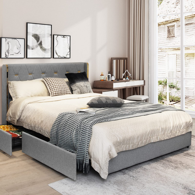 Dreamade Queen/Full Size Upholstered Bed Frame with 4 Drawers