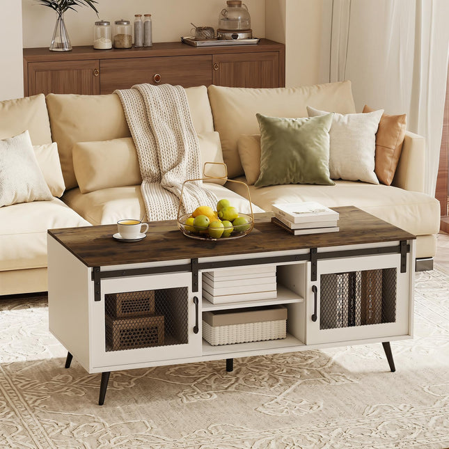 Dreamade 48" Farmhouse Coffee Table with Sliding Doors & Adjustable Shelf