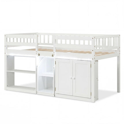 Dreamade Low Loft Bed Twin Size with LED Lights, Wooden Bed Frame