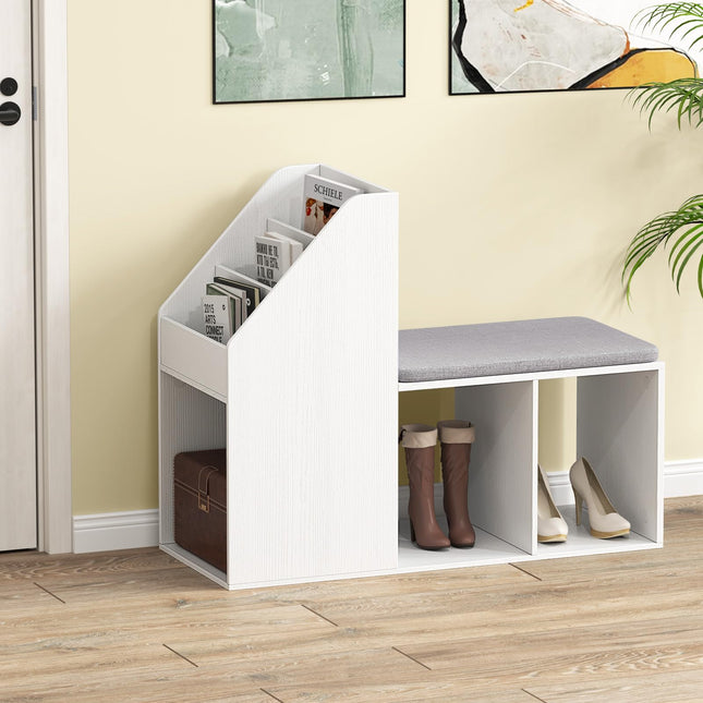 Dreamade Shoe Storage Bench, Entryway Bench w/Side Holder & Padded Seat Cushion, 3 Storage Compartments