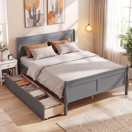 Dreamade Twin/ Full/ Queen Bed with 2 Storage Drawers Wood Platform Bed with Headboard & Footboard