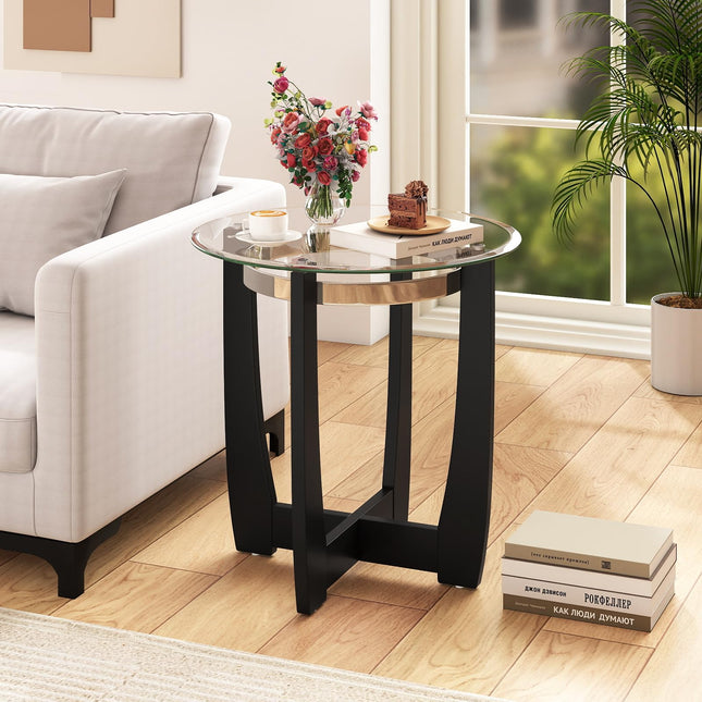 Dreamade Round Glass End Table - 24’’ Side Table with Tempered Glass Top