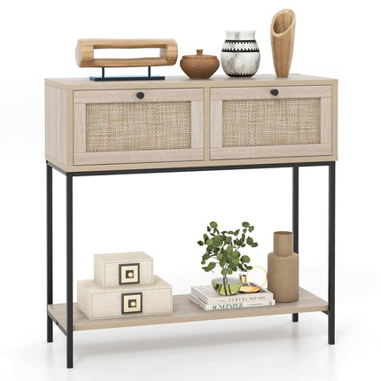 Dreamade Console Table with Rattan Drawers - 31.5" Entryway Table w/ 2 Drawers & Open Storage Shelf