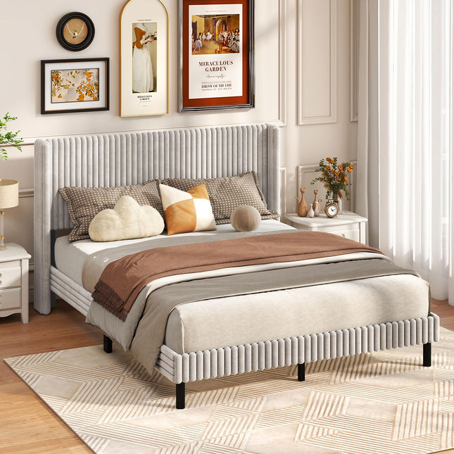 Dreamade Queen Velvet Bed Frame Upholstered Platform Bed with Vertical Tufted Wingback Headboard