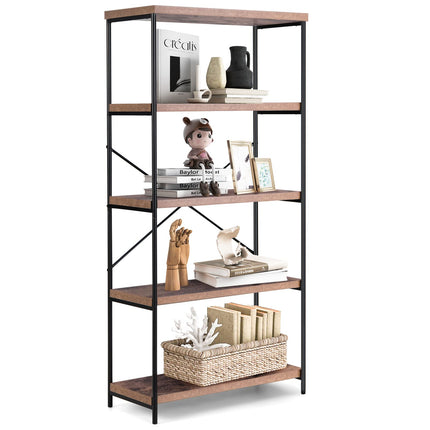 Dreamade Industrial 5-Tier Wood Bookshelf - 63’’ Tall Open Storage Organizer Shelves with Anti-Tipping Device and Foot Pads