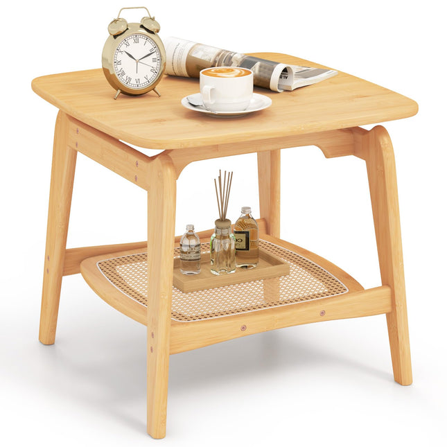 Dreamade Rattan Side Table, Boho End Table with Storage Shelf, 2-Tier Bedside Table for Small Spaces