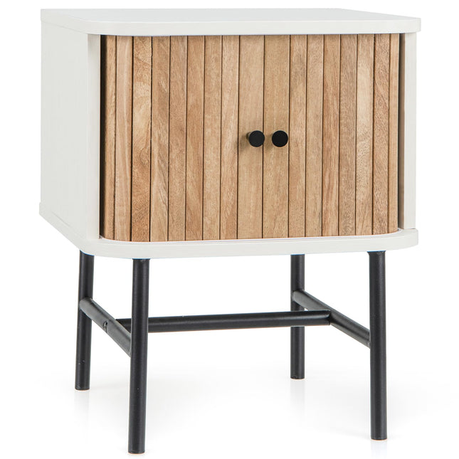 Dreamade Mid-Century Modern Nightstand, Wood Bedside Table with Sliding Doors and 4 Metal Legs