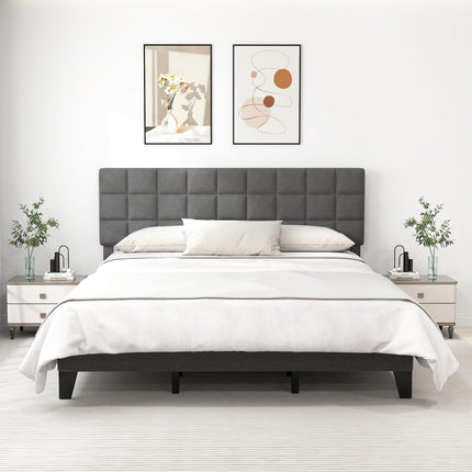 Dreamade Full Size Platform Bed, Linen Fabric Upholstered Bed Frame with Adjustable Headboard & Wooden Slat Support