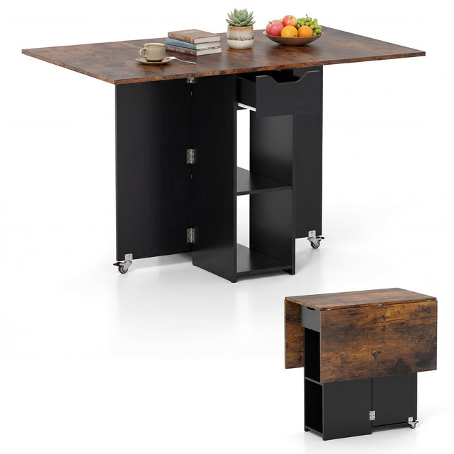 Dreamade 47.5" Folding Dining Table | Drop Leaf Wooden Dinner Table with 2-Tier Storage Shelf and Drawer