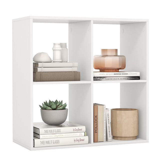Dreamade 4-Cube Bookcase, White Cubby Bookshelf w/Back Guardrail & Anti-Tipping Kits