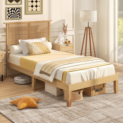 Dreamade Queen/Full/Twin Size Bed Frames with Rattan Headboard, Boho Solid Wood Platform Bed with Wooden Slats