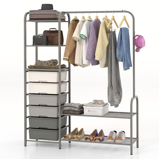 Dreamade Free Standing Closet Organizer, Heavy Duty Garment Rack with 6 Removable Drawers (Grey)