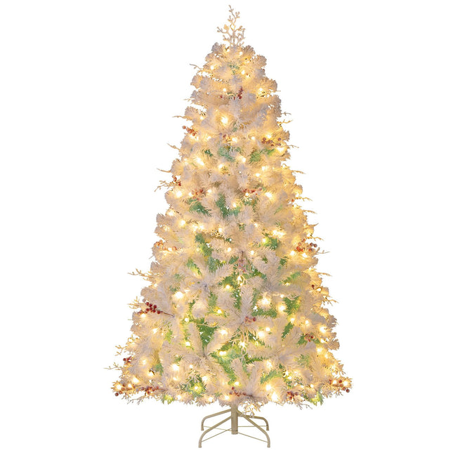 Dreamade 6FT / 7FT Hinged Lighted Xmas Tree with Snow Flocked Branch Tips & LED Lights