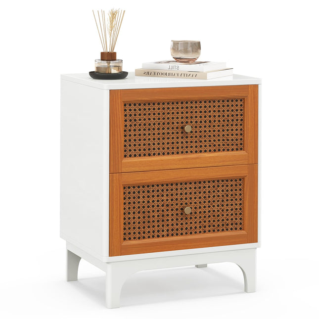 Dreamade Rattan Nightstand with Drawers, Natural Rattan End Table, Cane Accent Bedside Table with Solid Wood Legs for Bedroom