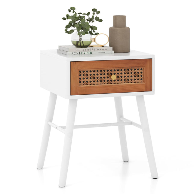 Dreamade Rattan Nightstand, Mid Century Modern End Table with Handwoven Rattan Decorated Drawer