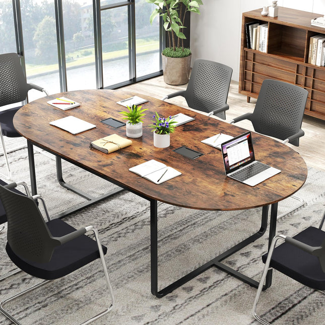 Dreamade Large Oval Meeting Table for 10 to 12 People with Dual Cable Holes and Metal Legs