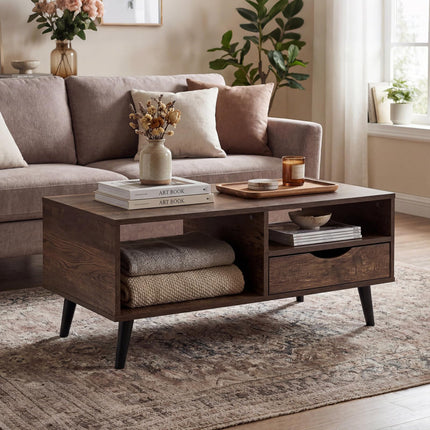 Dreamade Wood Coffee Table with Storage Drawer 36.5 Inch Rustic Center Table
