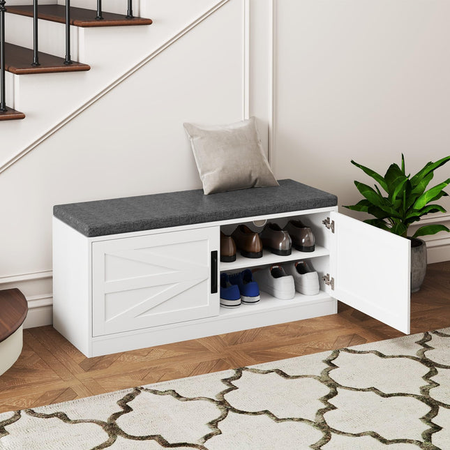 Dreamade Shoe Storage Bench with Cushion, 2-Tier Entryway Bench w/2 Barn Doors & 2 Adjustable Shelves