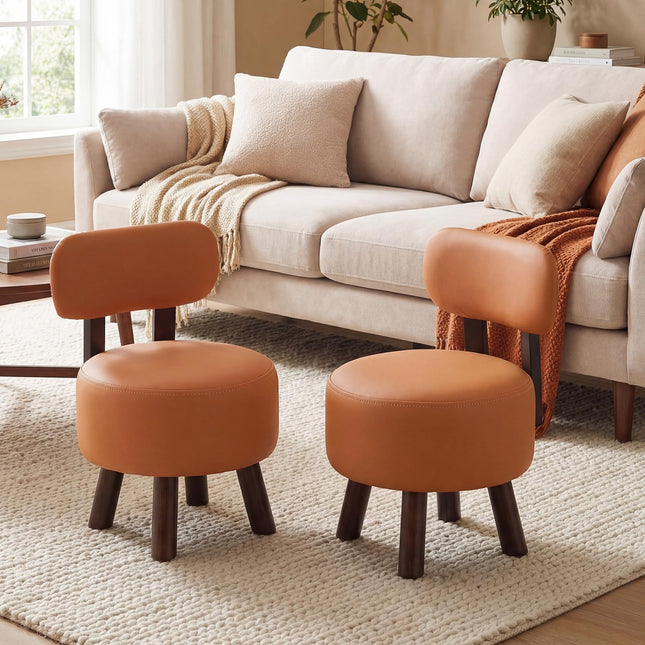 Dreamade Round Small Footrest Stools Set of 2 with Backrest & Rubber Wood Legs