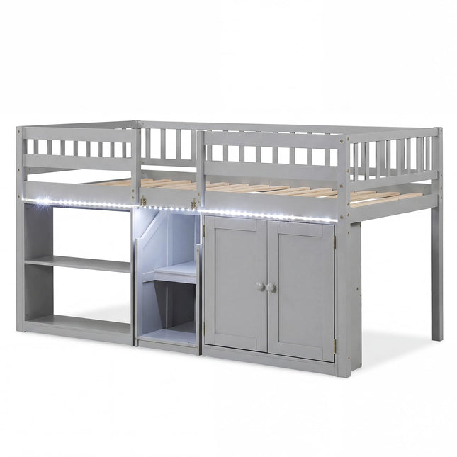 Dreamade Low Loft Bed Twin Size with LED Lights, Wooden Bed Frame