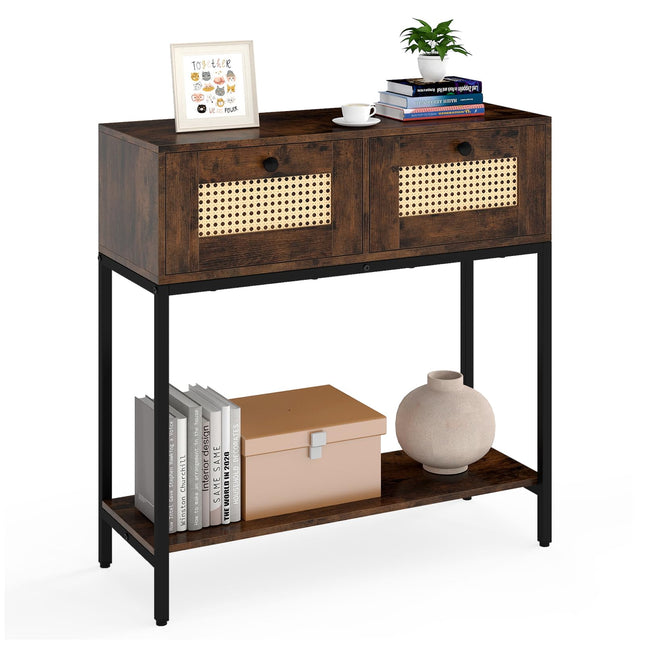 Dreamade Rattan Console Table 32" Boho Entryway Table with 2 Drawers