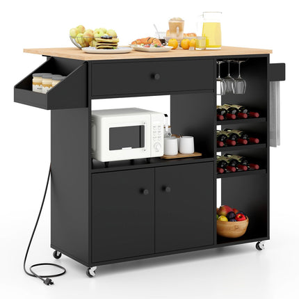 Dreamade Rolling Kitchen Island Cart with Drop Leaf, Power Outlet, Spice Rack, 12 Wine Rack