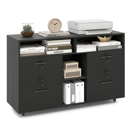 Dreamade 4-Drawer Lateral File Cabinet with Lock & 5 Rolling Wheels (2 Lockable)
