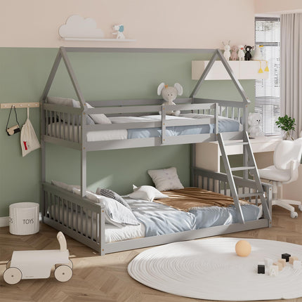 Dreamade Twin Over Full House Bunk Bed, Floor Low Bunk Bed Frame w/Integrated Ladder & Safety Guardrails