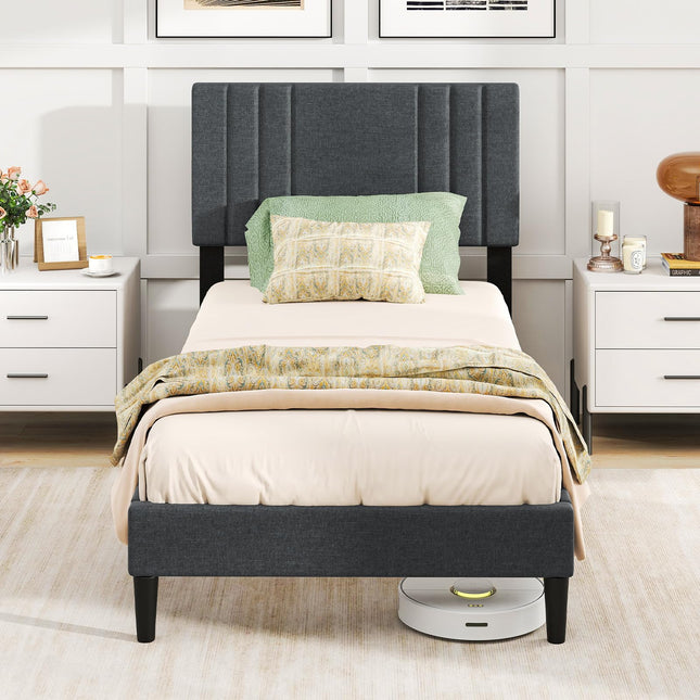Dreamade Queen/Full/Twin Size Modern Upholstered Platform Bed Frame with Vertical Channel Tufted Headboard
